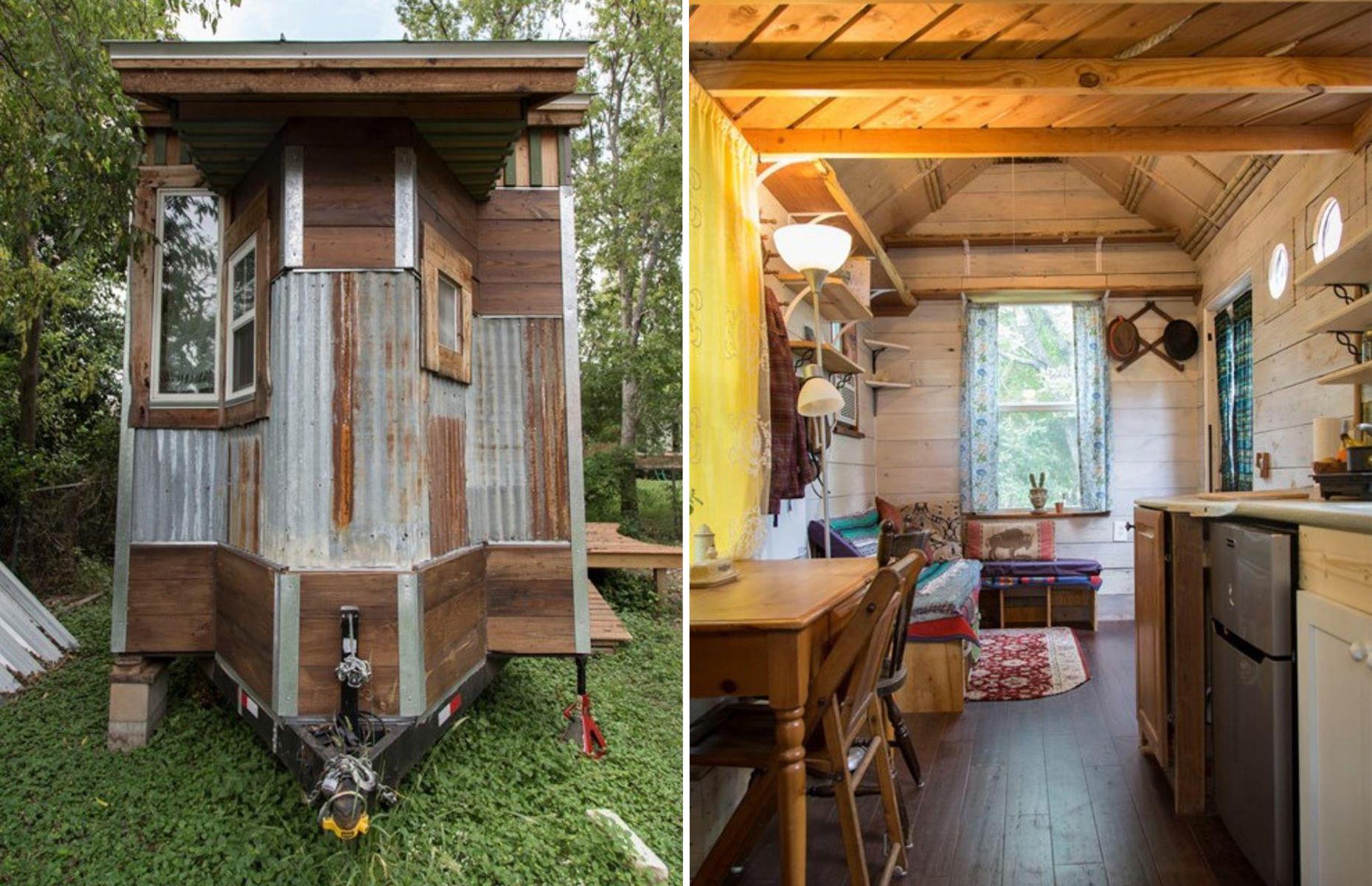 <p>The minute mobile home, nicknamed Cedar Haven, was built in 2016 from unusual reclaimed and natural materials, which include its tin siding and its attractive interior bamboo floors and ceiling. </p>