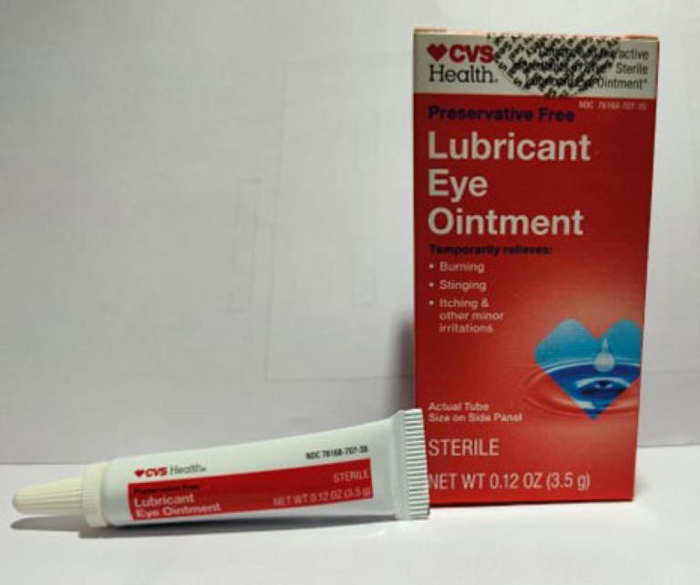 CVS Health Lubricant Eye Ointment in a 3.5-gram tube in box with UPC code: 050428634141. / Credit: U.S. Food and Drug Administration