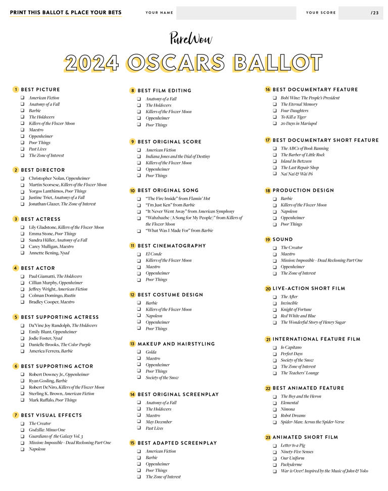 Here’s a Printable Oscar Ballot to Track Your 2024 Predictions