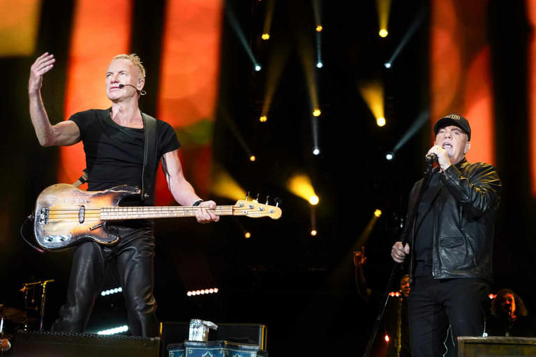 Myrna M. Suarez/Getty Sting and Billy Joel performing together in Tampa, Florida at Raymond James Stadium on Feb. 24, 2024