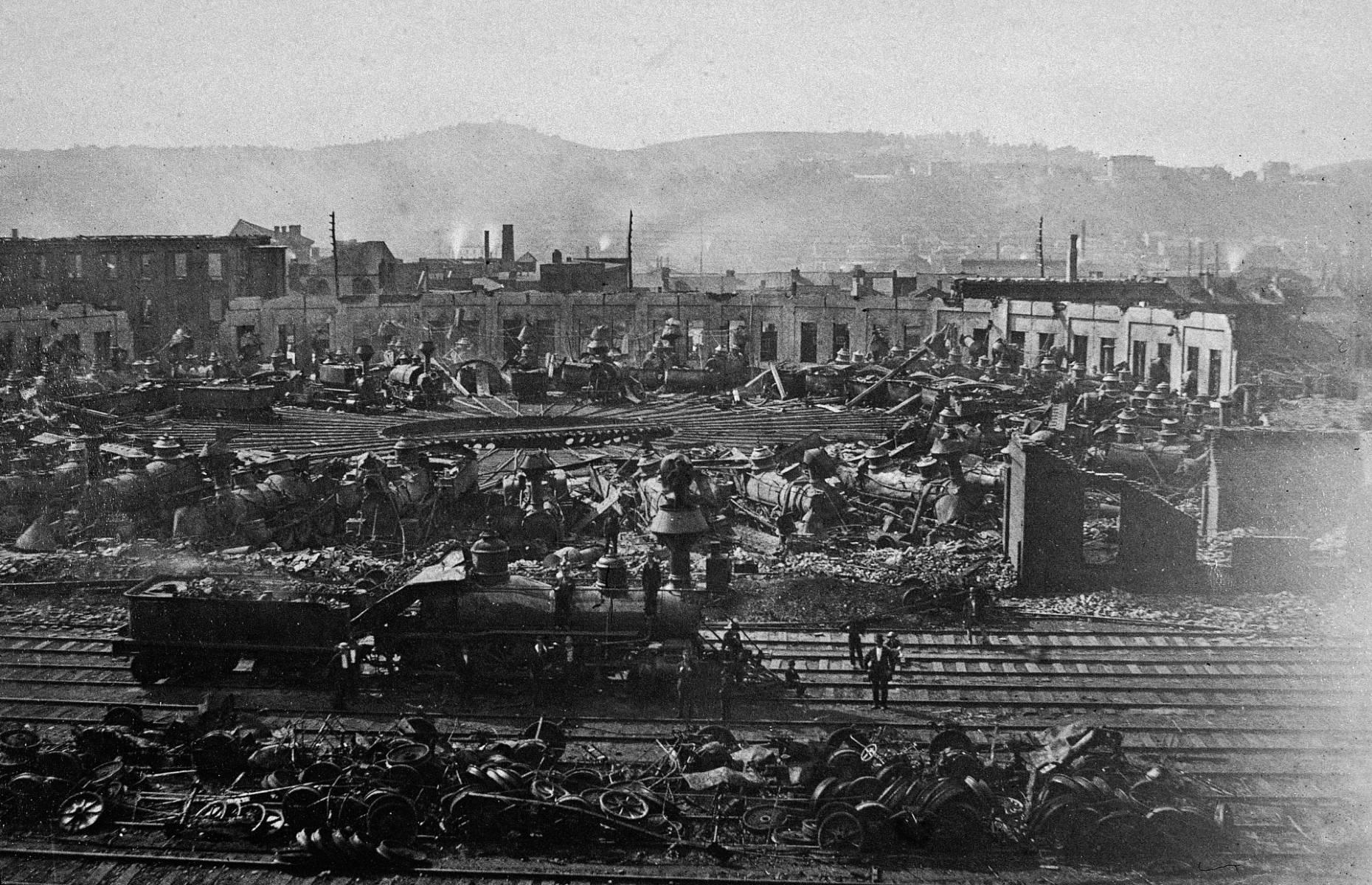 <p>Railway work was poorly paid and dangerous, but that didn’t stop bosses trying to squeeze wages even lower. In 1877, workers snapped and went on strike and the heavy-handed government response was to send in the troops. The deaths of 20 strikers in Pittsburgh helped cause a riot that targeted railway property. The damage was substantial – as seen in this picture of the destruction at the Pennsylvania Railroad Roundhouse – but the riots eventually petered out and the strikers were forced to return to work with no pay rise.</p>  <p><strong>Liking this? Click on the Follow button above for more great stories from loveEXPLORING</strong></p>