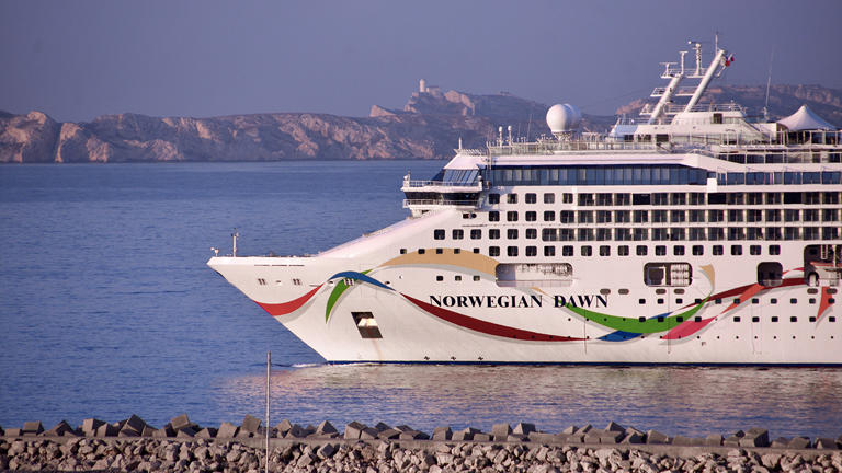 The Norwegian Dawn arrives in the French Mediterranean port of Marseille, July 27, 2021. Getty Images