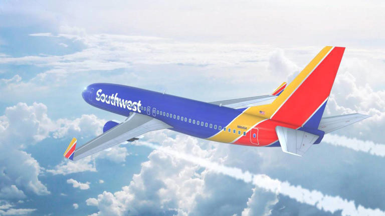 An aerial view of a Southwest Airlines Boeing 737 is seen. -lead