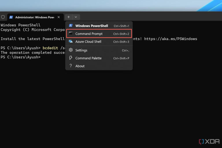 A screenshot depicting the procedure to switch to Command Prompt in Windows Terminal.