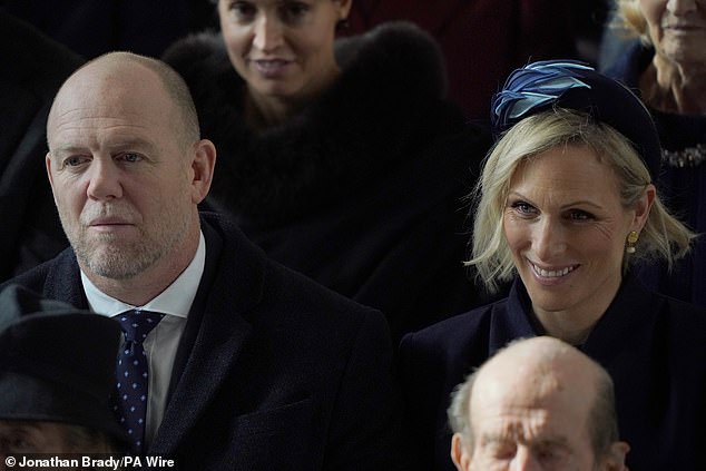 united front: zara tindall walks arm-in-arm with her husband mike as they join princess anne at service for king constantine of greece in windsor - while king charles and prince william are absent