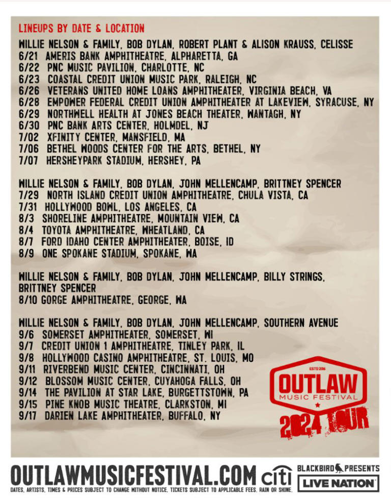 Willie Nelson Announces 2024 ‘Outlaw Music Festival Tour’ Featuring Bob