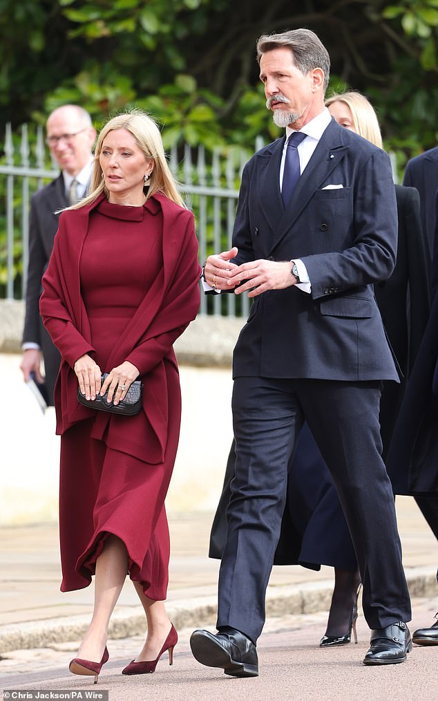 united front: zara tindall walks arm-in-arm with her husband mike as they join princess anne at service for king constantine of greece in windsor - while king charles and prince william are absent