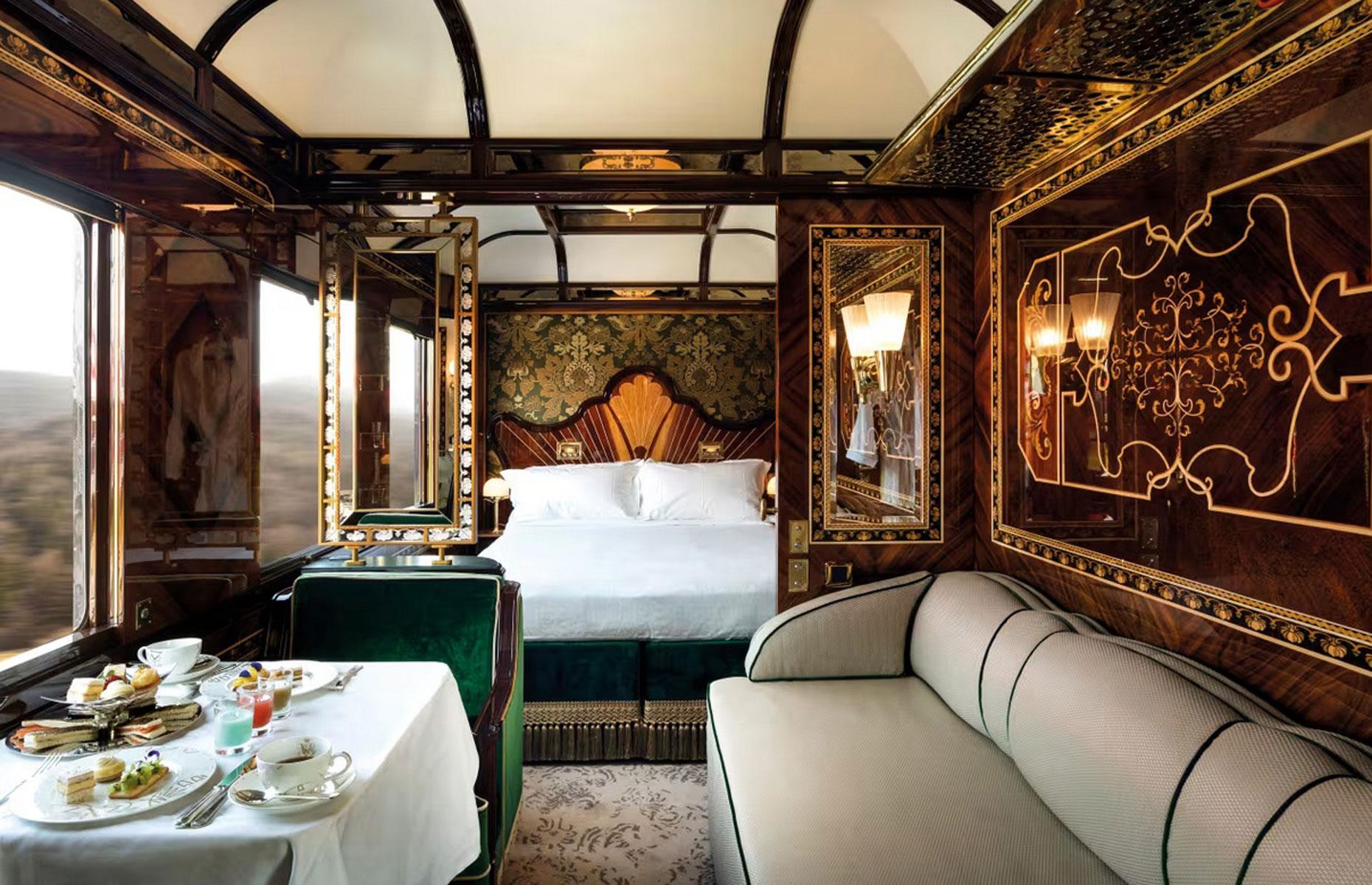 <p>Highlights include the Art Nouveau Bar Car and three opulent restaurant cars, where guests can feast on haute cuisine accompanied by premium wines.</p>  <p>The six magnificent Grand Suites are the largest and most decadent booking options for guests looking to travel in serious style. They each feature their own distinctive décor, a double bed, lounge area, and private bathroom. Each Grand Suite is subject to a 24-hour butler service, and guests can enjoy unlimited champagne. </p>  <p>Of course, this doesn't come cheap. A Grand Suite for the classic London to Venice journey costs from $12,906 (£10,165) per person based on double occupancy – a jaw-dropping price when you consider that passengers spend just one night on the train.</p>  <p><strong>But for travellers with a limitless budget, there are even more spectacular options to consider...</strong></p>