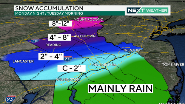 philadelphia weather: rain arrives monday night, snow accumulation possible tuesday morning