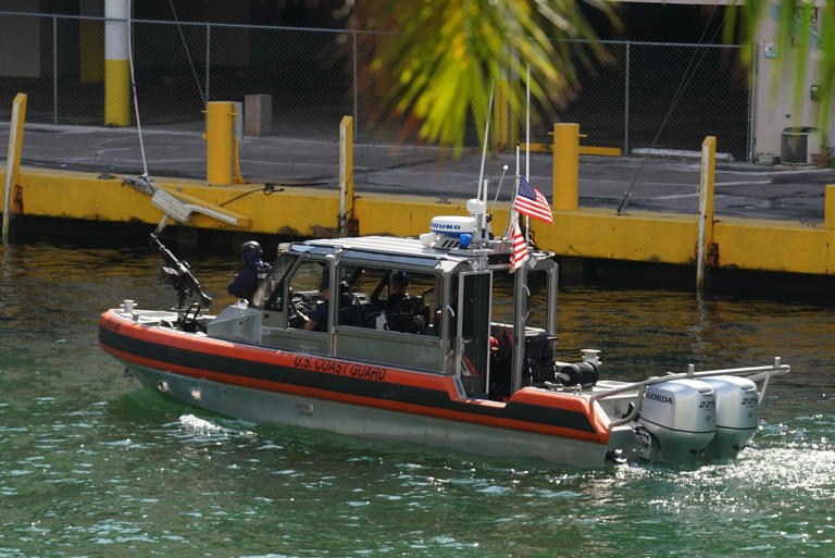 Jan 28, 2020; Miami, Florida, USA; A U.S. Coast Guard boat patrols the Miami River prior to Super Bowl LIV between the San Francisco 49ers at Kansas City Chiefs. Mandatory Credit: Kirby Lee-USA TODAY Sports