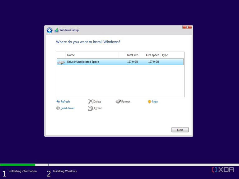 Screenshot of Windows 11 setup showing a list of drives. Only one drive is installed and all space on it is unallocated