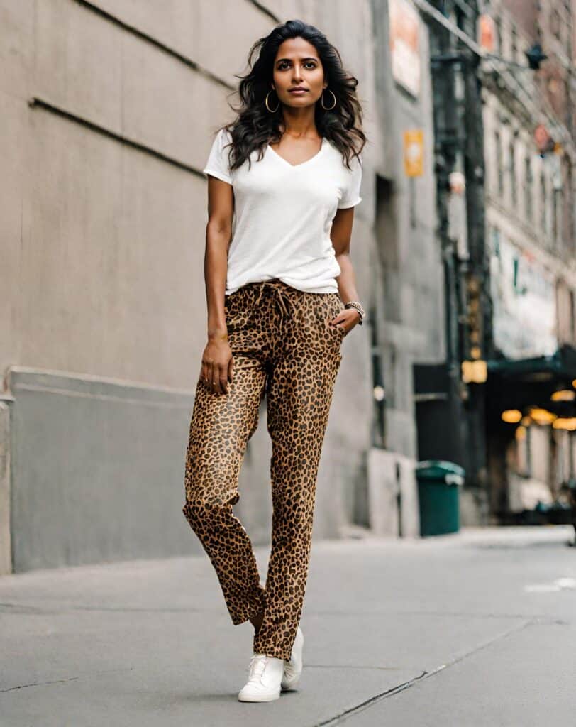 <p>A plain white t-shirt is one of the easiest tops to go with some leopard print pants.</p><p>It’s definitely difficult to suggest tops to wear with pants without including a plain white t-shirt, considering it goes with everything. When you style one with your bottoms, you not only get a comfortable look, but you also get a cleaner one. So, it’s a great option, even if you’re after a more dressed up look. </p>