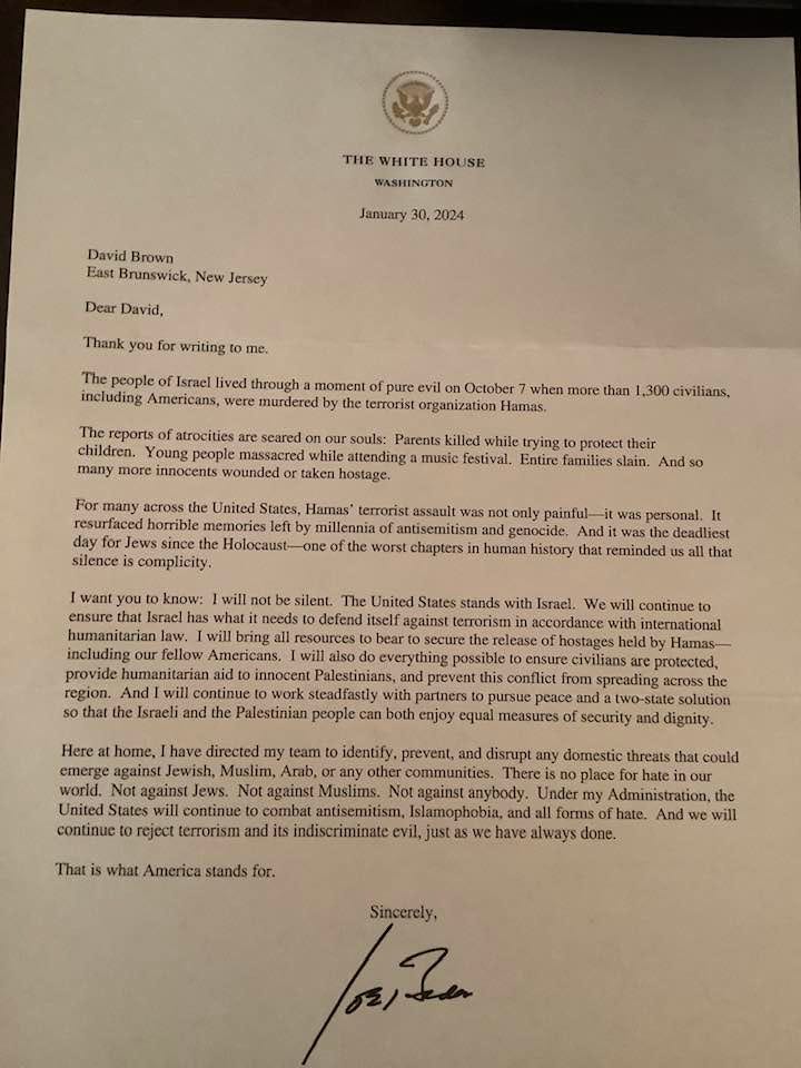 an east brunswick teen wrote to biden about antisemitism. the president wrote back.