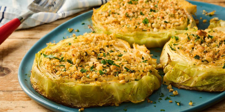 Paprika, lemon, and olive oil season these cabbage steaks all the way through, while a garlic breadcrumb topping brings texture to this tasty vegetarian recipe.