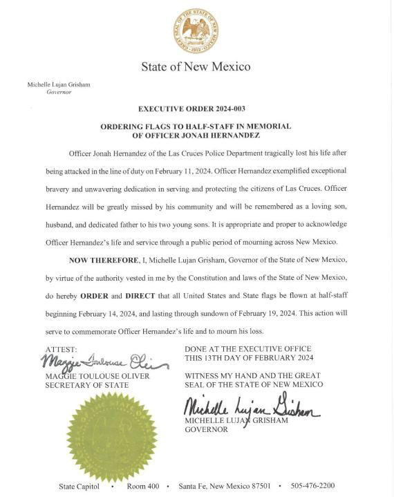 NM governor orders flags to half-staff in honor of fallen LC officer