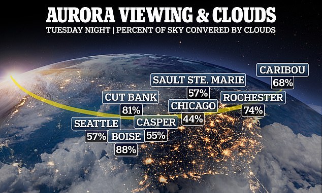 millions of people living in northern states from washington to new york could see dazzling northern lights show thanks to geomagnetic storm - but only if it isn't cloudy