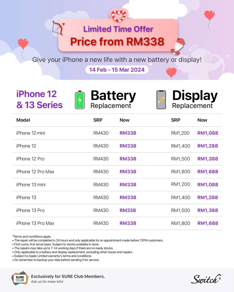 switch offering iphone battery and screen replacements from rm388