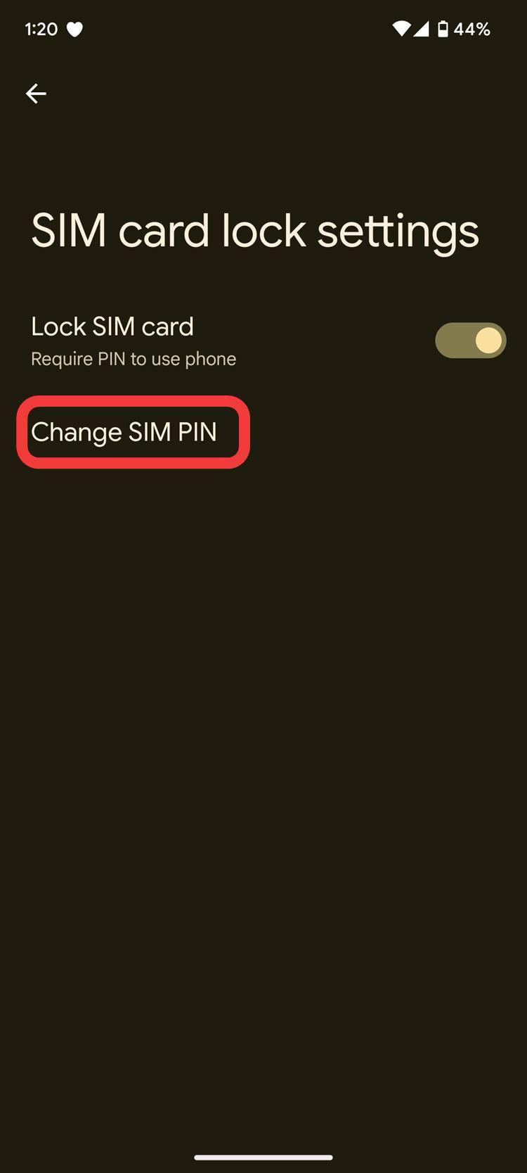 SIM card lock settings on a Pixel phone with a red box around the Change SIM PIN option