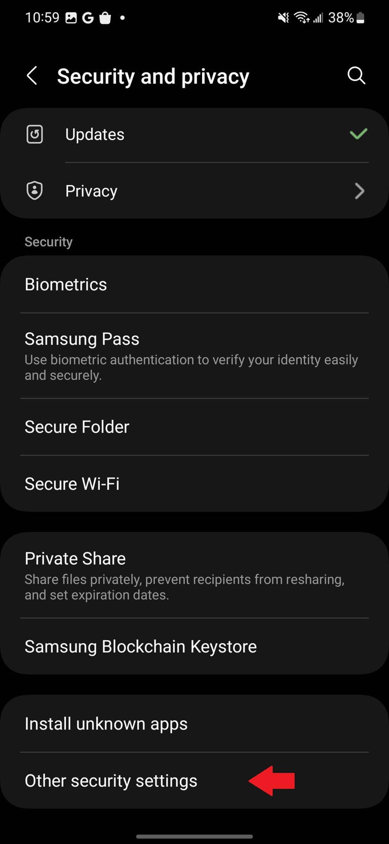 Security and privacy settings on a Samsung phone with a red arrow pointing to the Other security settings option