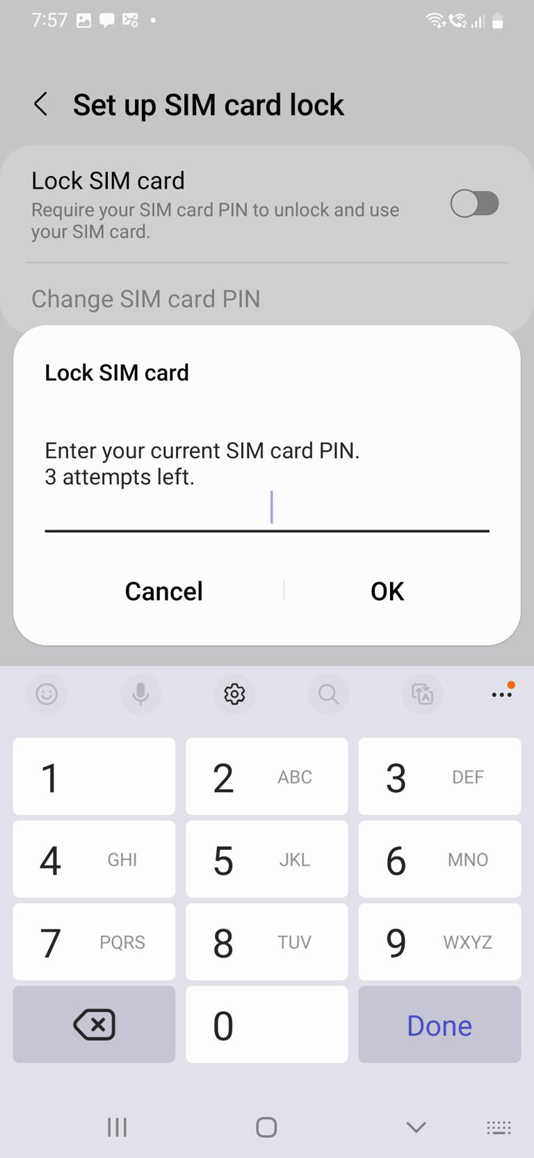 The Lock SIM card dialog box prompting you to enter your current SIM PIN on a Samsung phone