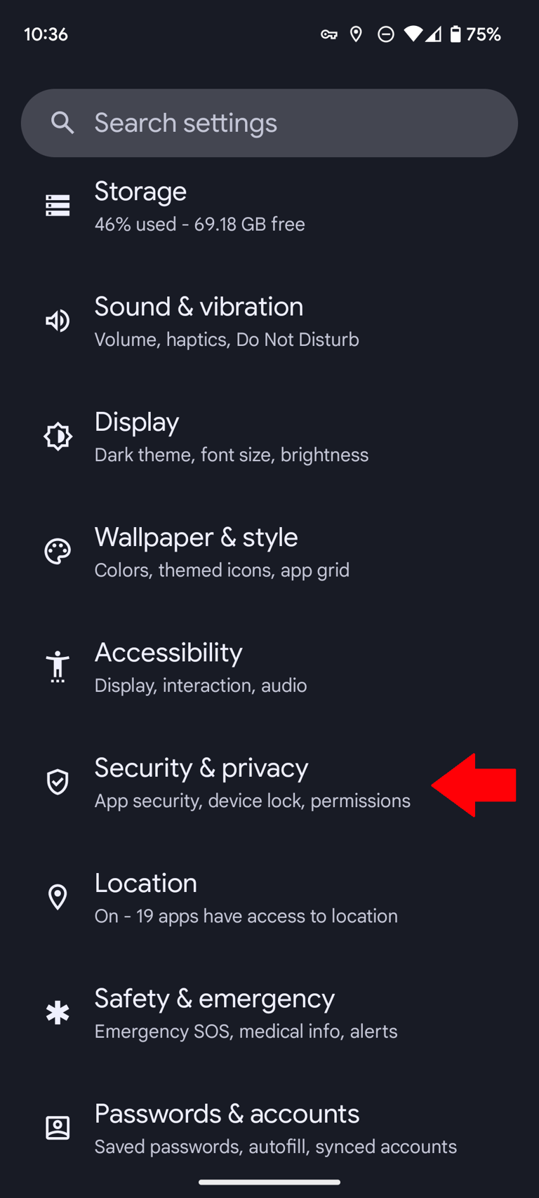 A screenshot of the Settings app on a Google Pixel phone with a red arrow pointing to the Security & Privacy option