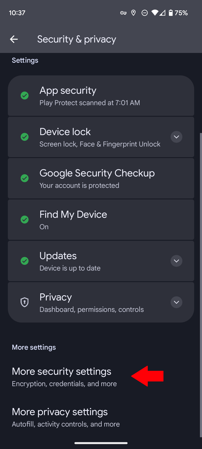 Security & Privacy settings on a Google Pixel phone with a red arrow pointing to the More security settings option