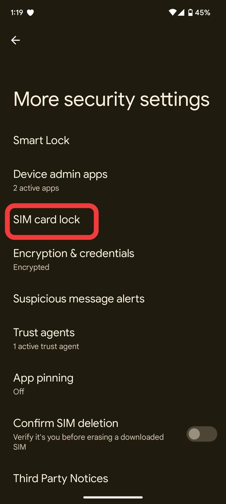 More security settings on a Pixel phone with a red box around the SIM card lock option