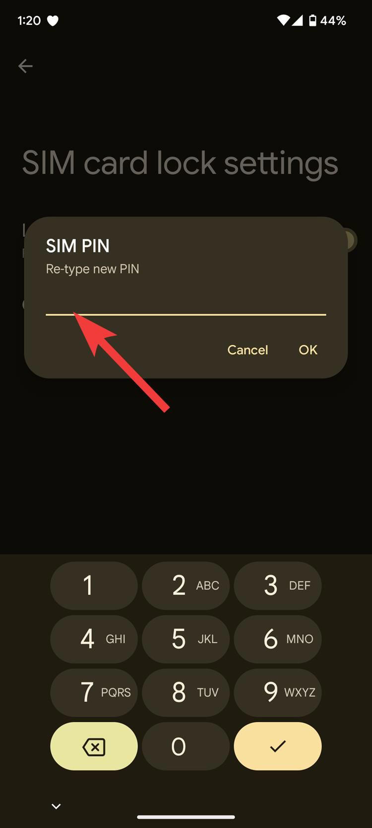 The SIM PIN dialog box prompting you to enter your new SIM PIN on a Pixel phone with a red arrow pointing to the entry line