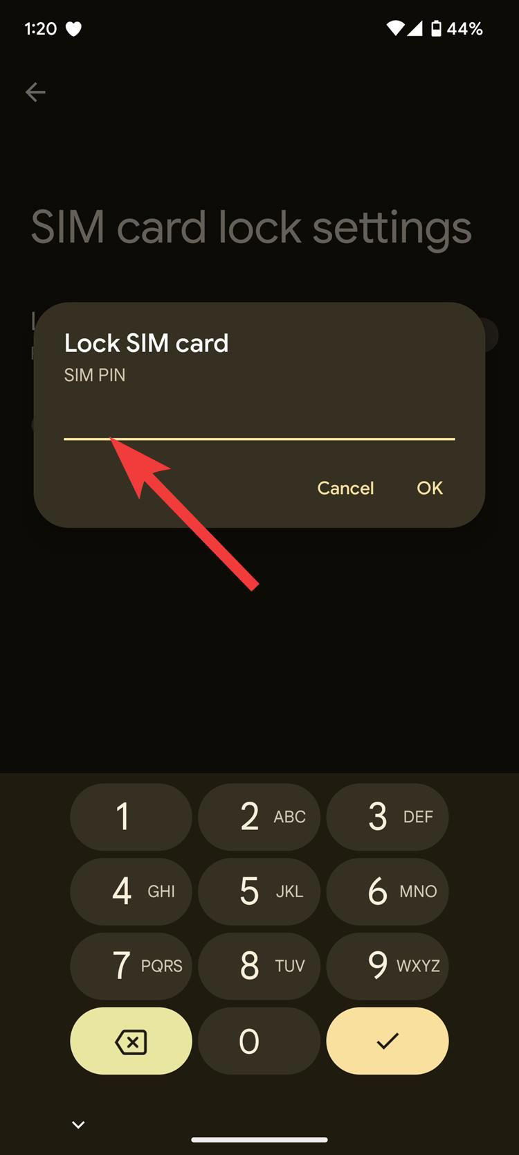 The Lock SIM card dialog box prompting you to enter your current SIM PIN on a Pixel phone with a red arrow pointing to the entry line