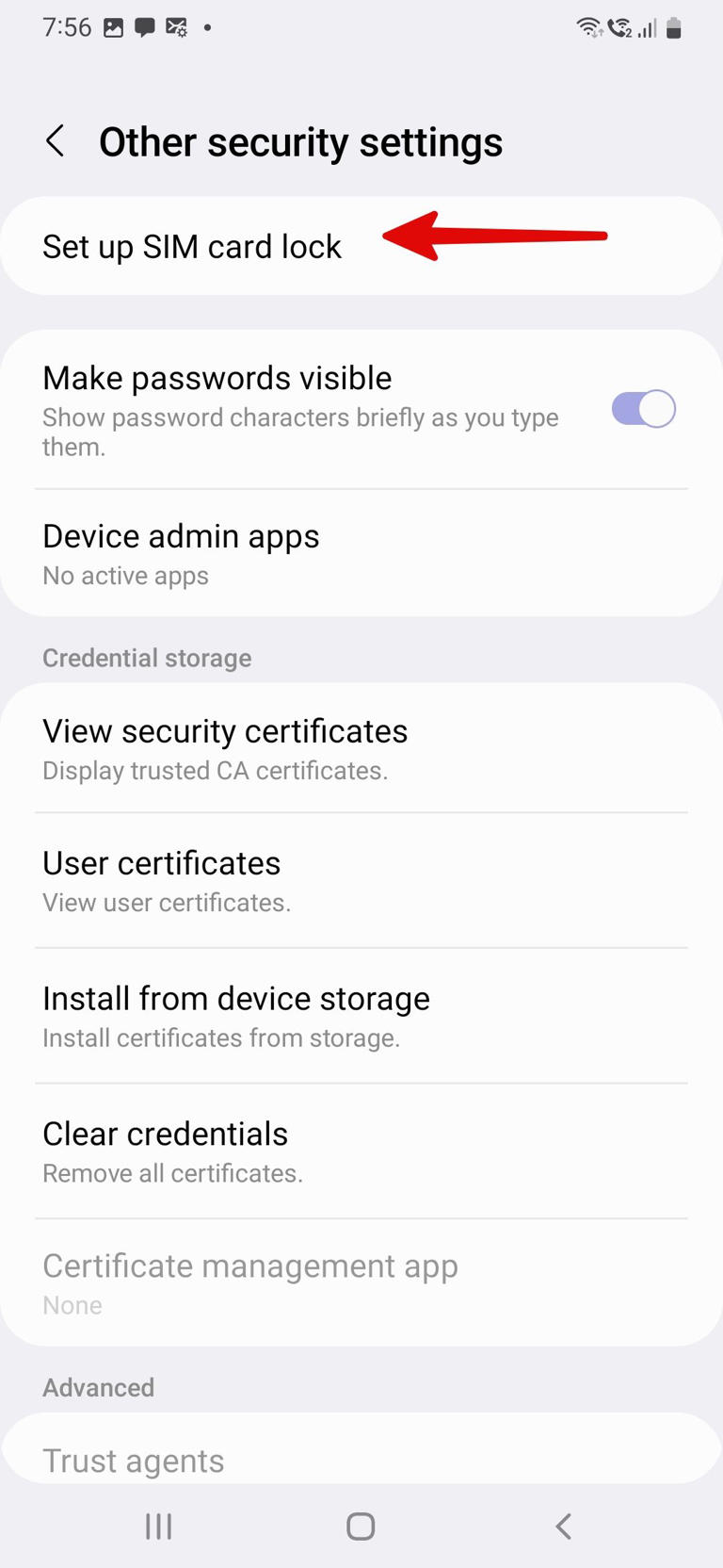 Other security settings on a Samsung phone with a red arrow pointing to the Set up SIM card lock option