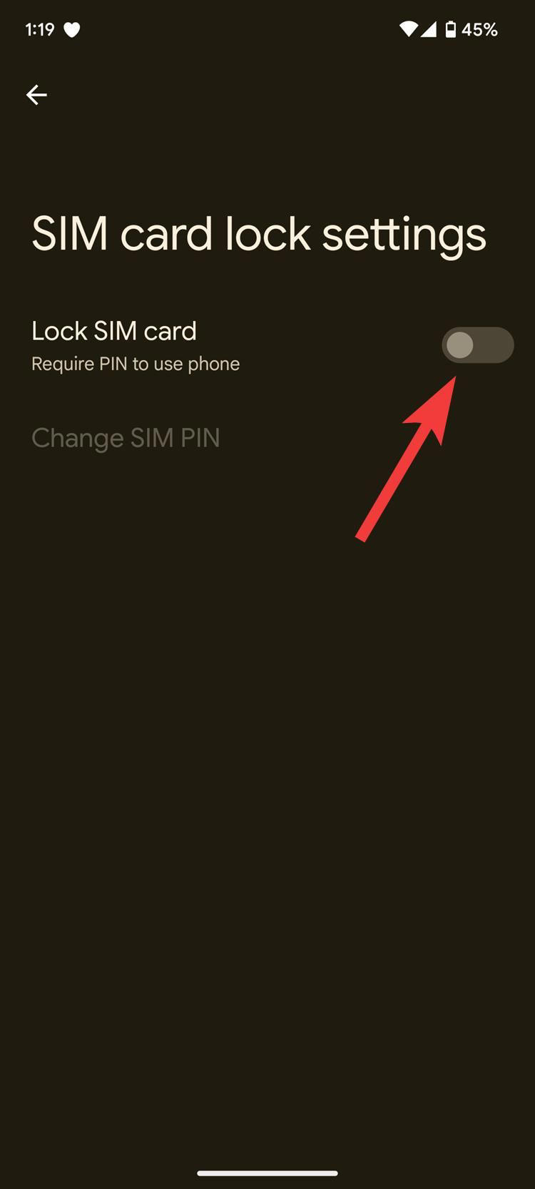 SIM card lock settings on a Google Pixel phone with a red arrow pointing to the Lock SIM card toggle