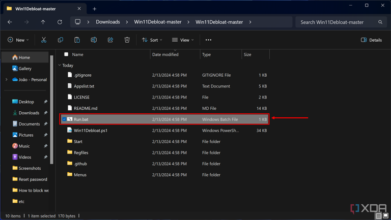 Screenshot of File Explorer showing the Win11Debloat batch file