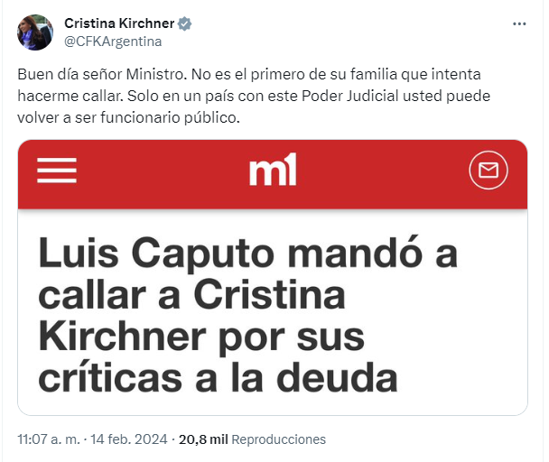 Cristina Kirchner le respondió a Caputo: "No es el primero de su familia que intenta hacerme callar"