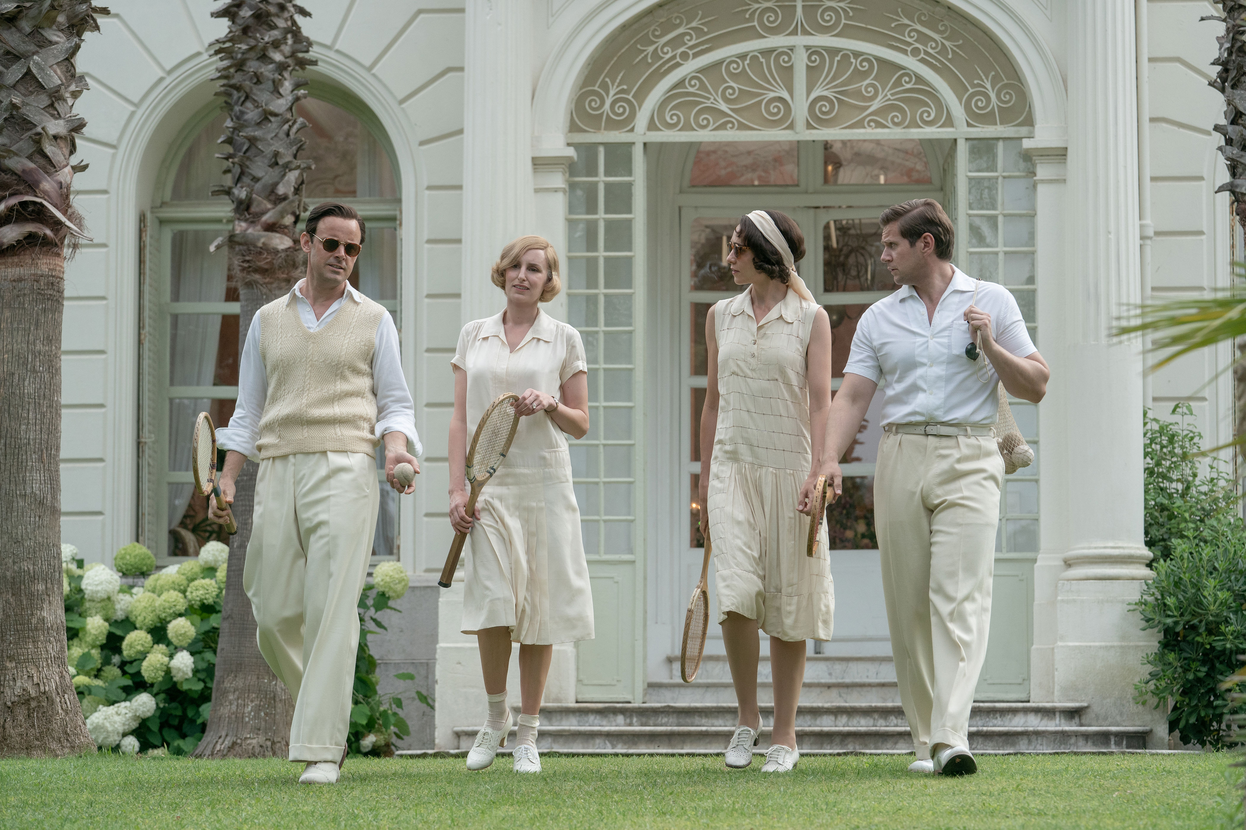 <p>Tennis, anyone? Harry Hadden-Paton's Bertie Pelham, Laura Carmichael's Lady Edith, Tuppence Middleton's Lucy Smith and Allen Leech's Tom Branson wore their 1920's tennis whites in "Downton Abbey: A New Era." </p>