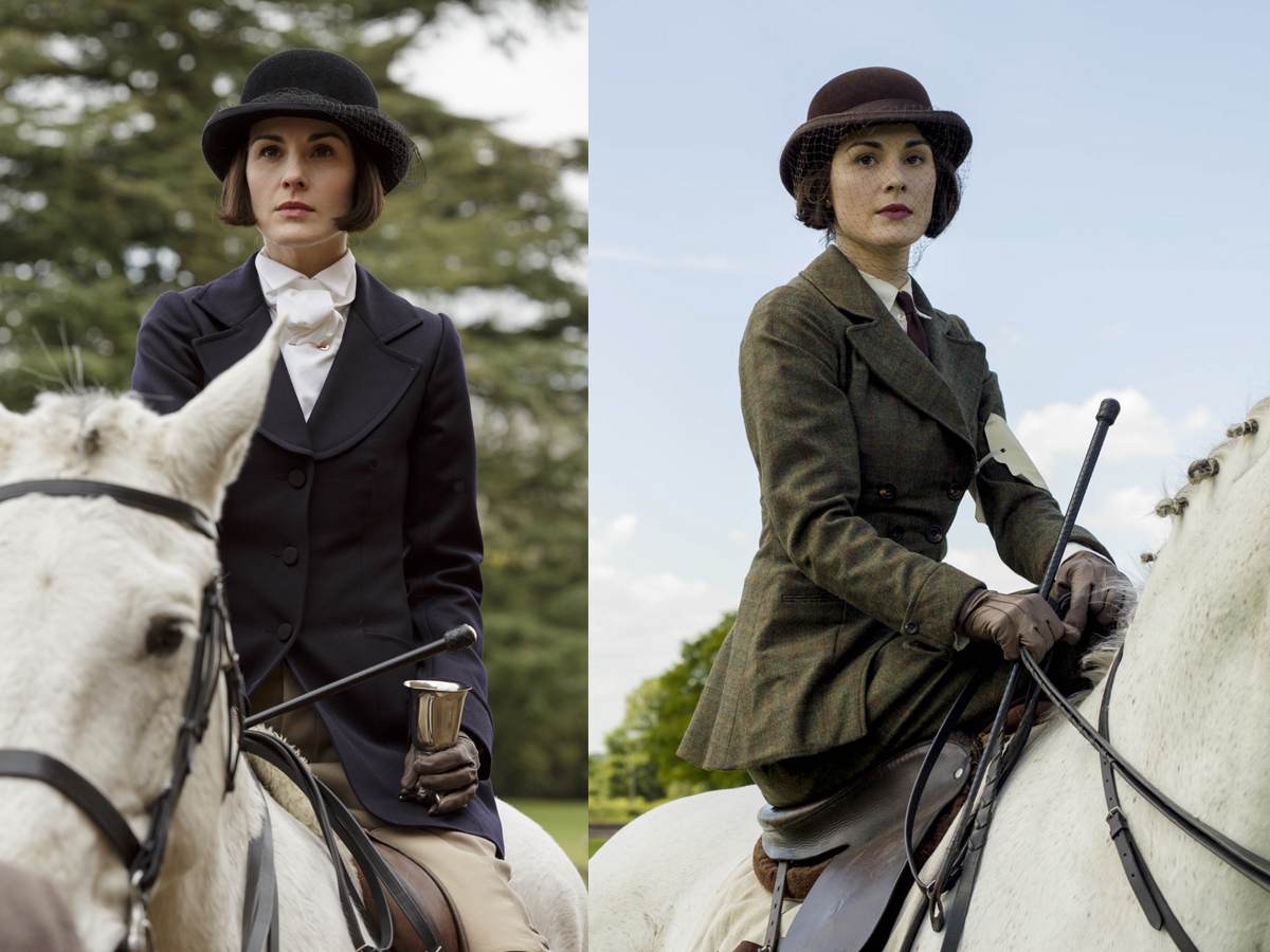 <p>Few can do justice to a net-veiled bowler hat and tailored menswear-inspired riding habit like Lady Mary on "Downton Abbey," be it the black-and-tan ensemble polished off with a pinned cravat that she wore on season 6 (left), or the double-breasted hunter green plaid suit she donned on season 5 (right).</p>