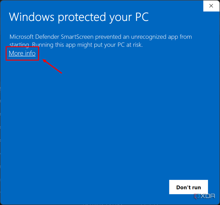 Screenshot of Microsoft Defender SmartScreen prompt blocking an app form running