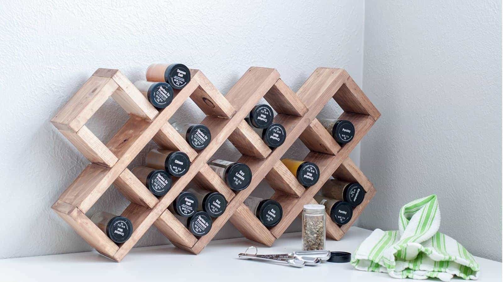 <p>This easy DIY spice rack is made from just a few boards, and although it may look complicated, it isn’t. The criss-cross design gives it a modern look. Organize spices or use it for craft paint in your craft room. Sit it on the counter or hang it on the wall for your organizing needs. <a href="https://www.anikasdiylife.com/diy-spice-rack/">See how to make your spice rack here</a>.</p>