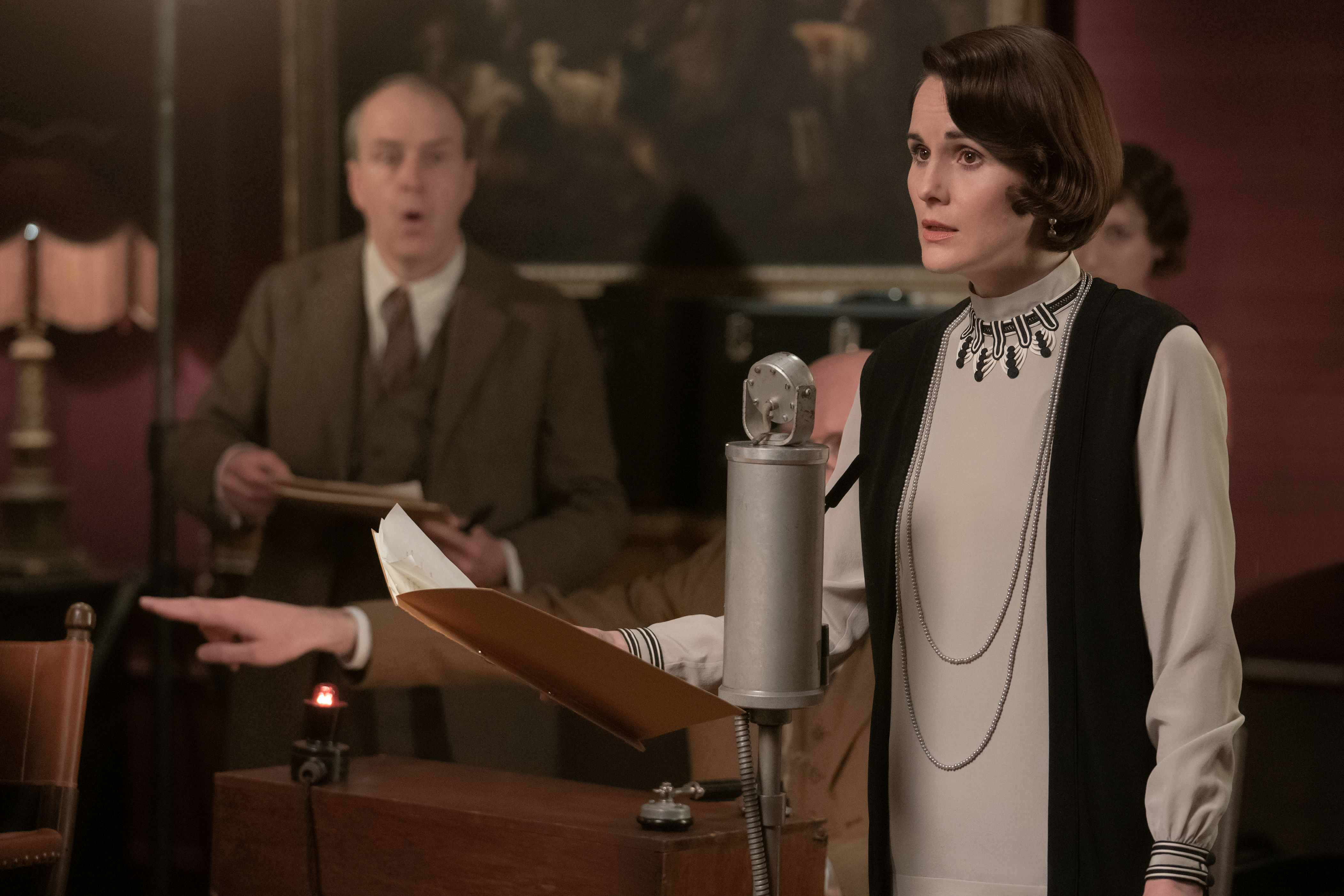 <p><a href="https://www.wonderwall.com/celebrity/profiles/overview/michelle-dockery-1488.article">Michelle Dockery</a>'s Lady Mary was impeccably dressed, as usual, in a stone-colored dress with an embellished neckline in the 2022 film "Downton Abbey: A New Era." </p>
