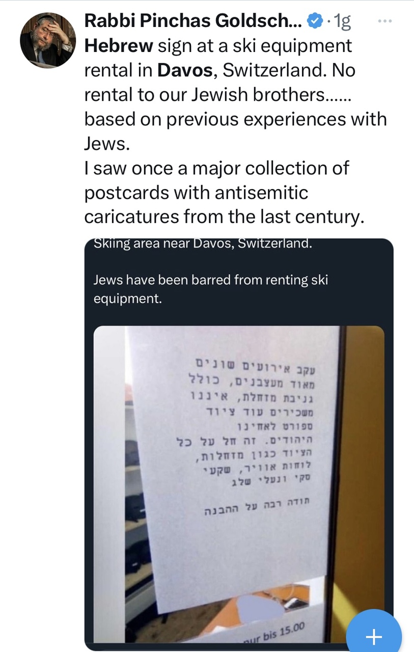 antisemitismo, rabbini europei allarmati dopo il cartello choc a davos:non affittiamo sci agli ebrei