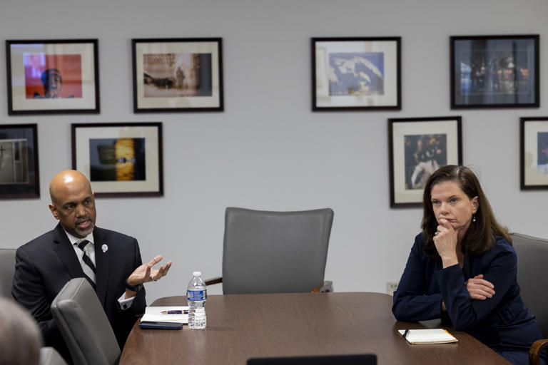 Democratic candidates for Cook County state's attorney Clayton Harris III and Eileen O’Neill Burke appear at an interview with the Chicago Tribune Editorial Board on Feb. 14, 2024, at the Chicago Tribune Freedom Center.