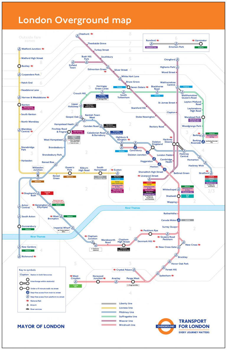 The new colours and names for the south London Overground routes