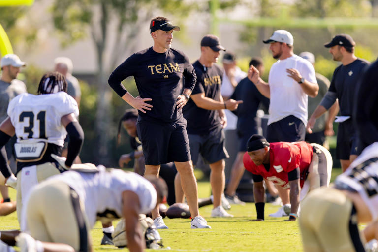 Aug 1, 2023; Metairie, LA, USA; New Orleans Saints head coach Dennis Allen at the Ochsner Sports Performance Center. Mandatory Credit: Stephen Lew-USA TODAY Sports