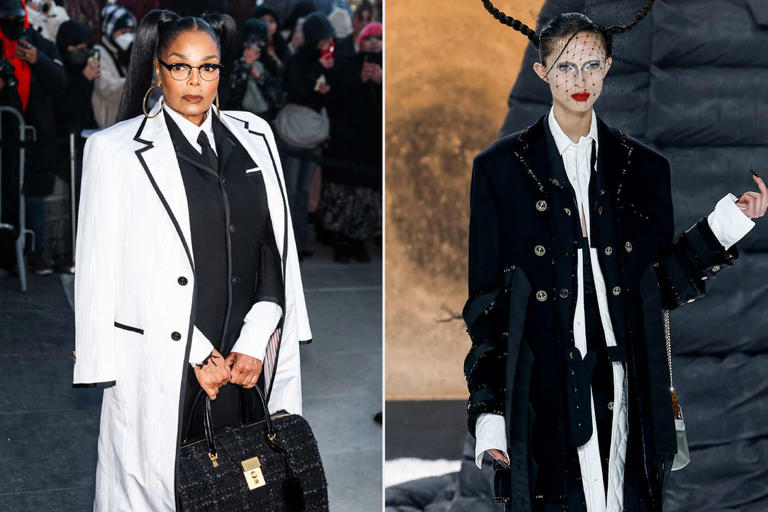 Gotham/GC; Victor VIRGILE/Gamma-Rapho via Getty Janet Jackson at the Thom Browne show, a model in the Thom Browne show