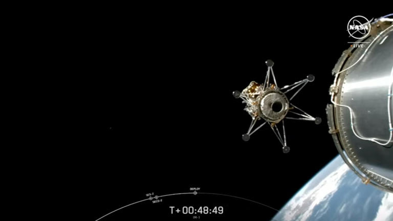 Intuitive Machines’ Odysseus moon lander deploys from the second stage of its Falcon 9 rocket on Feb. 15, 2024. (Image credit: NASA TV)