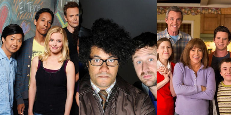 Split images of stills from Community, The IT Crowd, and The Middle