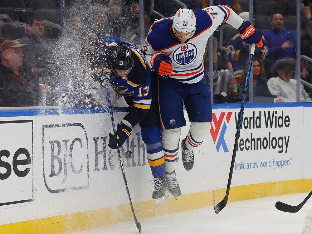 Edmonton Oilers watch from the penalty box as St. Louis cruises to a 6