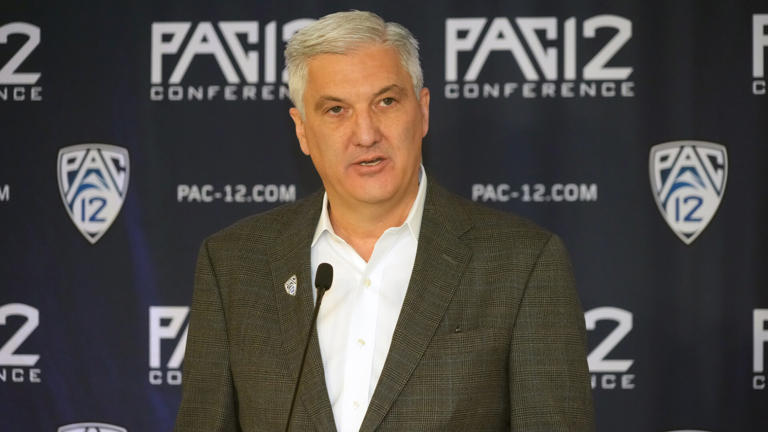 Oct 25, 2022; San Francisco, CA, USA; Pac-12 commissioner George Kliavkoff speaks during Pac-12 Women's Basketball Media Day at the Pac-12 Network Studios. Mandatory Credit: Kirby Lee-USA TODAY Sports