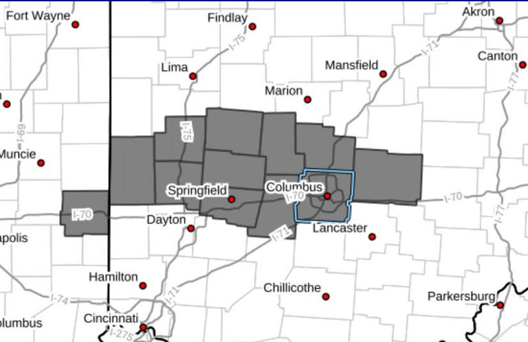 A National Weather Service map showing areas upgraded to a winter storm warning, including Columbus and central Ohio.