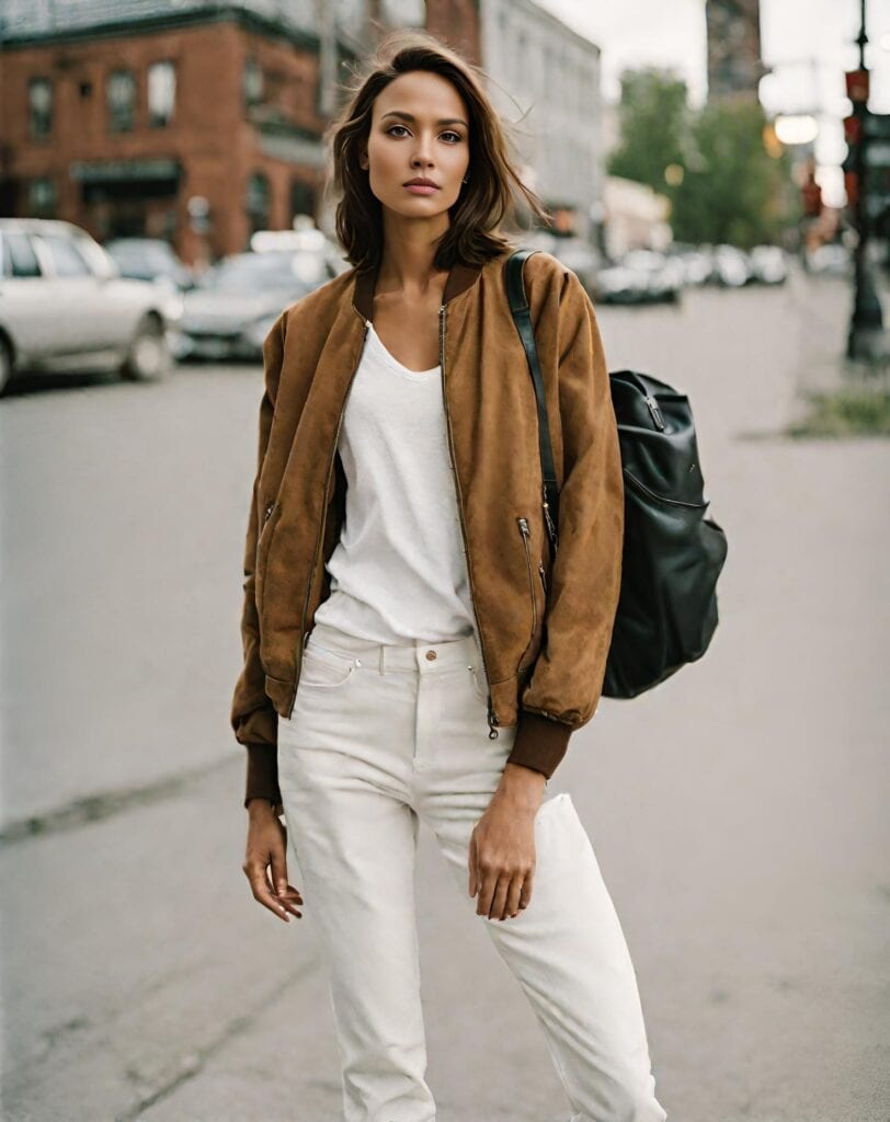 <p>A varsity jacket adds a lot of style and structure to your look, especially when worn over a white t-shirt. One way to give this a truly chic finish is to wear your jacket alongside black jeans.</p>