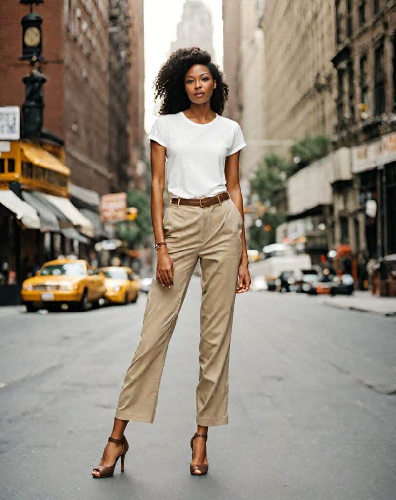 <p>Elevate your everyday wear with a combination that’s great for both casual and formal occasions. </p><p>You have the simplicity of the white t-shirt that blends seamlessly with the clean look of straight leg pants. The pants can be in any color you love.</p><p><strong>More styling tips from Petite Dressing</strong></p><ul> <li><a href="https://blog.petitedressing.com/dress-big-belly/">Got a belly? Here's 20 best ways to dress in 2024</a></li> <li><a href="https://blog.petitedressing.com/wide-leg-jeans/">25 Stylish Wide Leg Jeans Outfits You will Love</a></li> </ul>